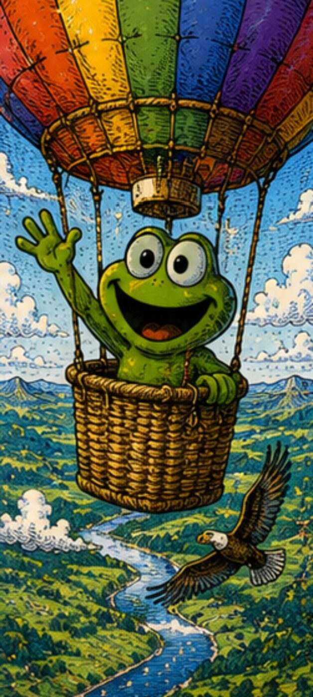 Oggie waving from the basket of a rainbow hot-air balloon over a river valley