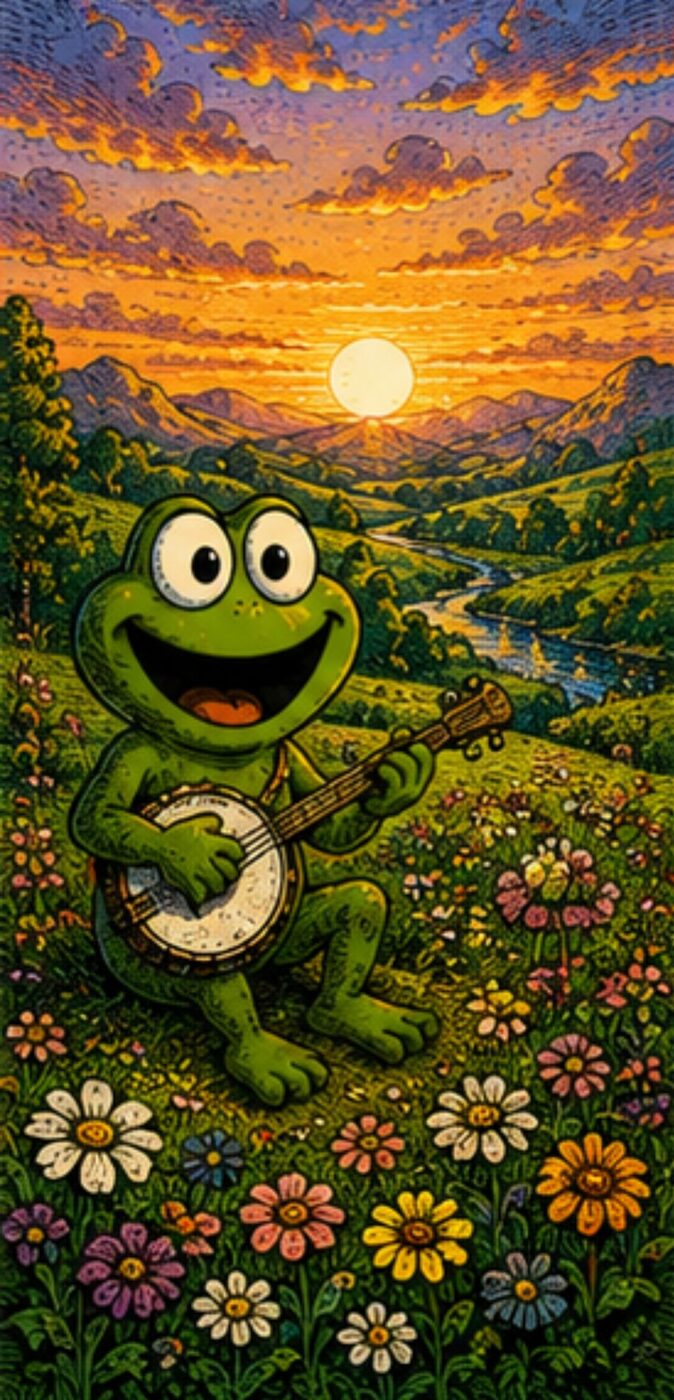 Oggie playing a banjo in a field of flowers at sunset