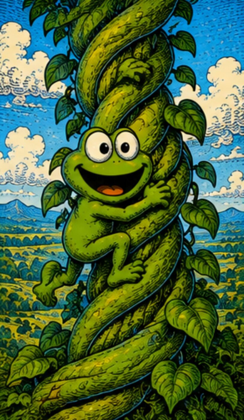 Oggie hugging a giant beanstalk high above a patchwork valley