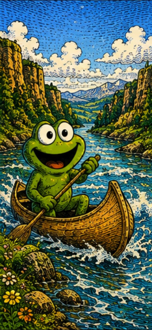 Oggie paddling a wooden canoe down a whitewater canyon river