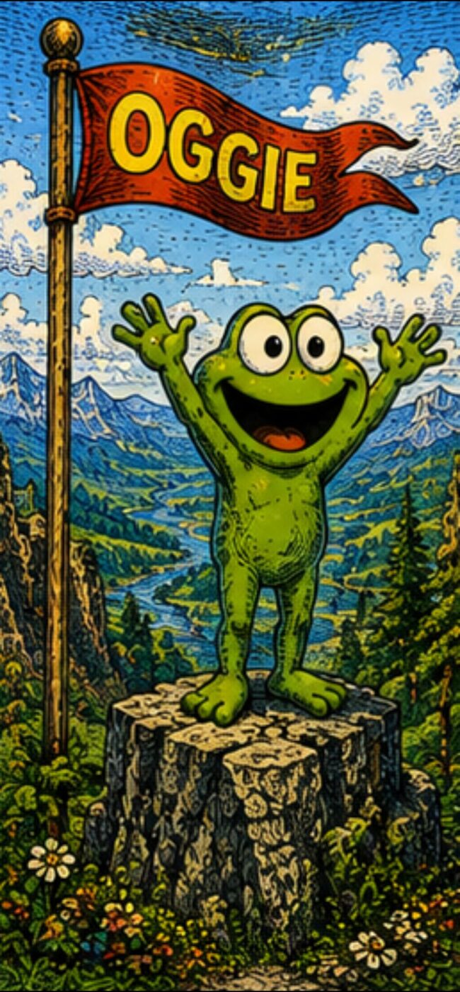 Oggie standing arms-up on a tree stump beside a red OGGIE pennant, mountains and a river behind him