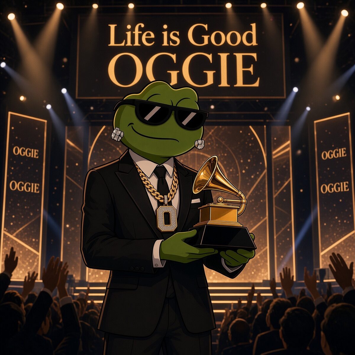 Example of the modern meme vibe: Oggie in a black suit and sunglasses holding a gramophone trophy