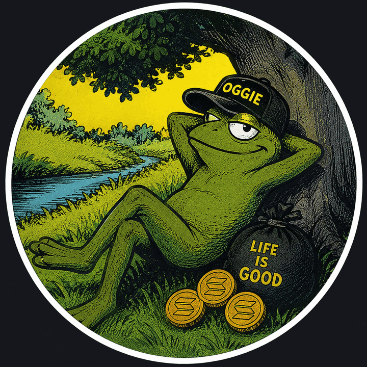 Circular Oggie badge: the frog reclining under a tree in an OGGIE cap beside a sack marked Life Is Good and three Solana coins