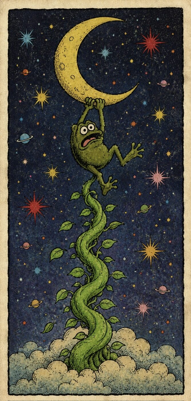 Oggie hanging from a crescent moon at the top of a beanstalk in a starry sky