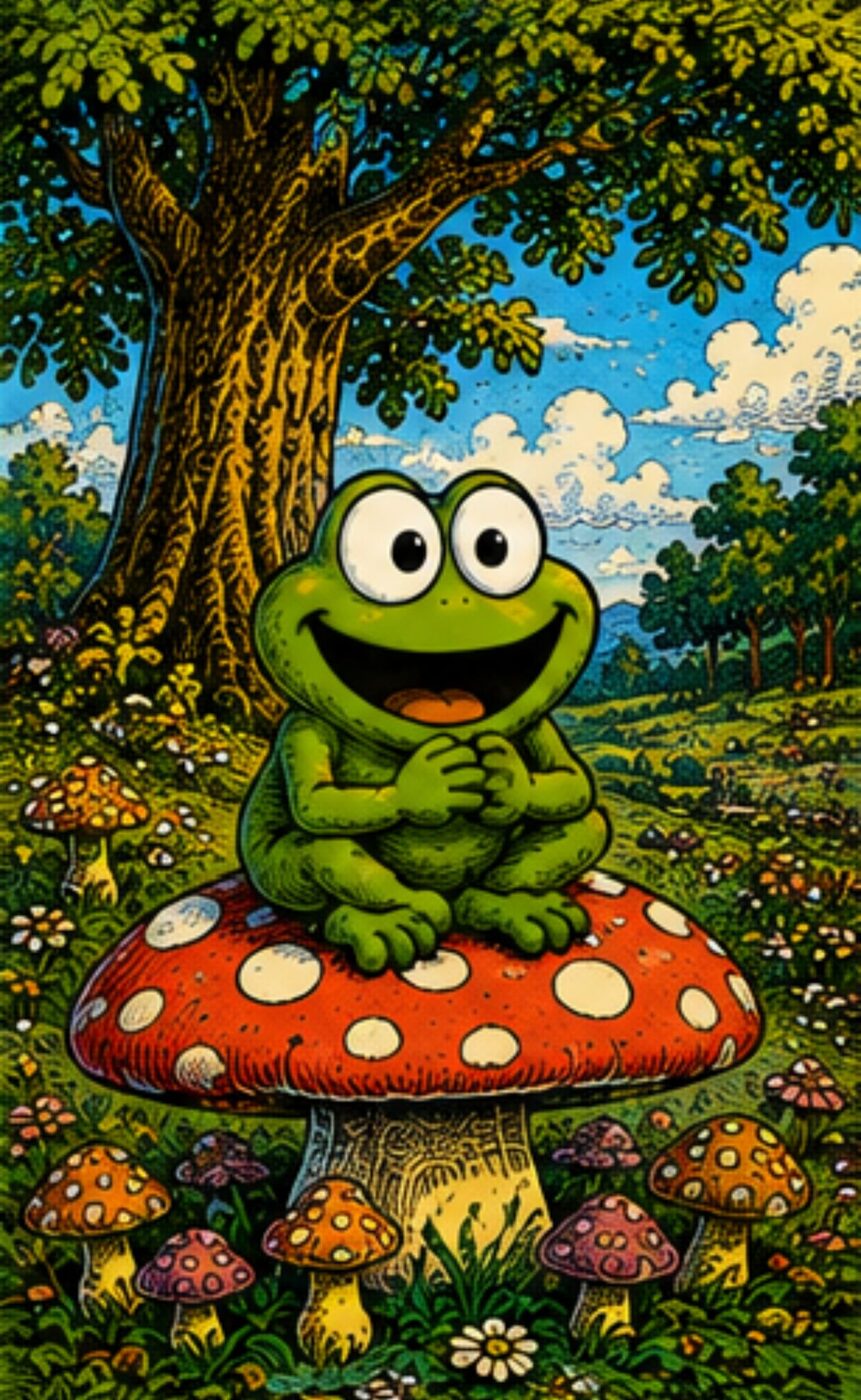 Oggie sitting cross-legged on a red toadstool in a forest clearing
