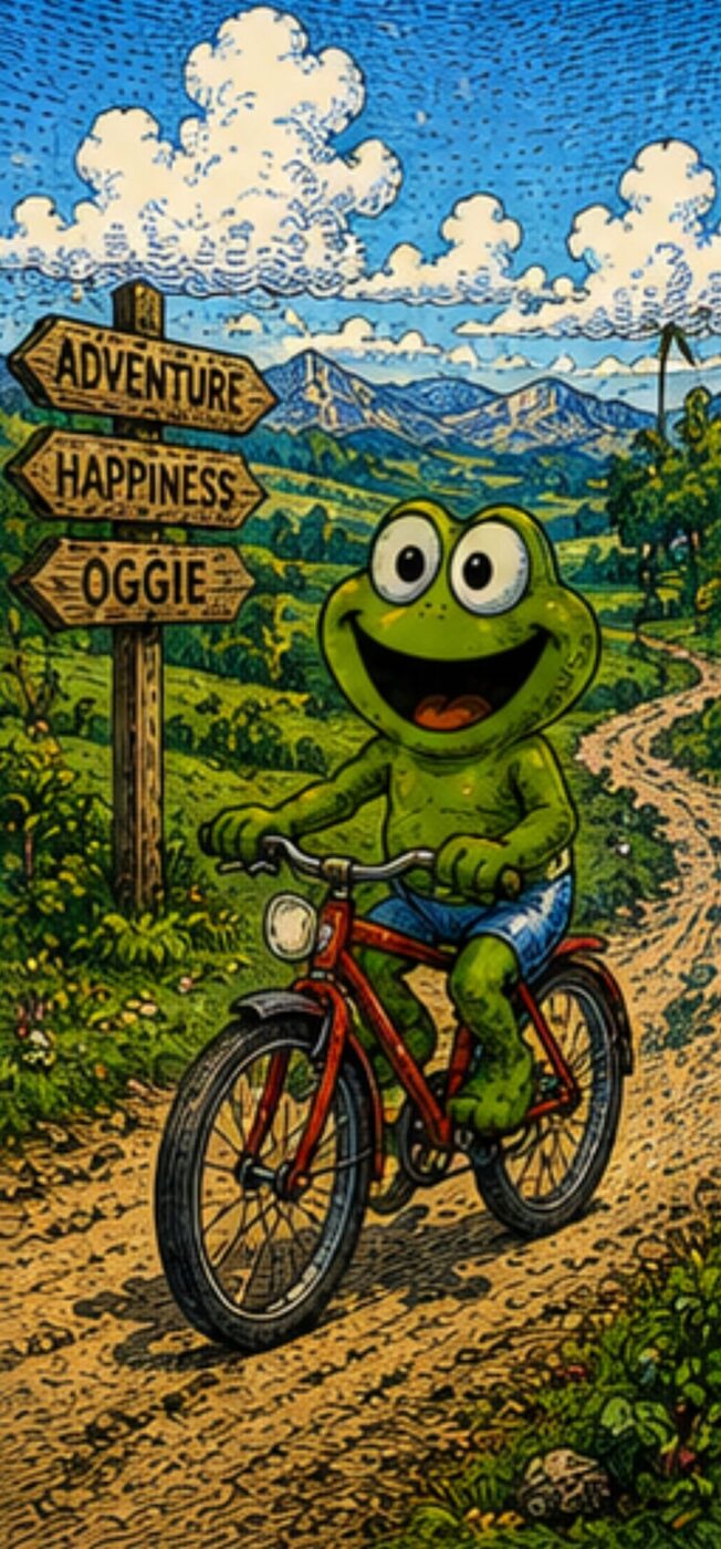 Oggie riding a red bicycle past a signpost pointing to Adventure, Happiness and Oggie