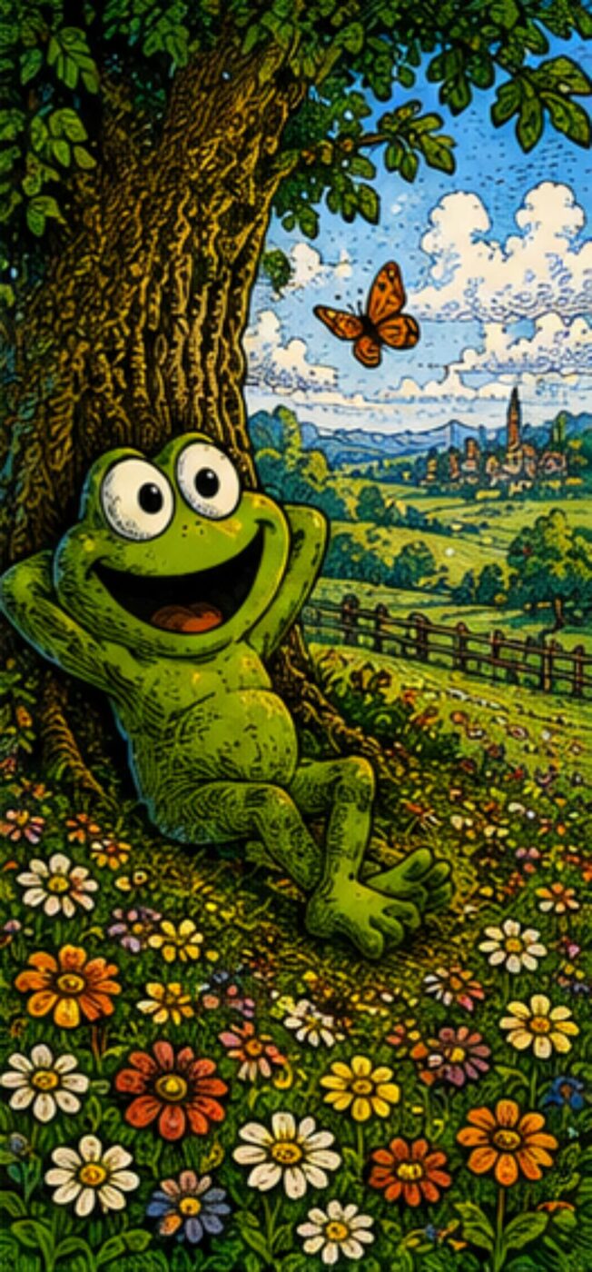 Oggie leaning against a tree in a meadow of flowers, watching a butterfly
